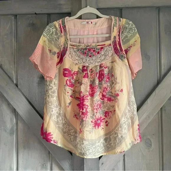 100% Mulberry Silk Blouse- floral sequins feminine‎ - Picture 1 of 8